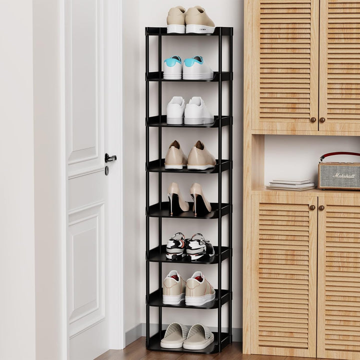 8 Ebenen Schuhregal Schmal und Hoch, Vertikales Schuhregale Stapelbar, Kleines Regal Platzsparend, E
