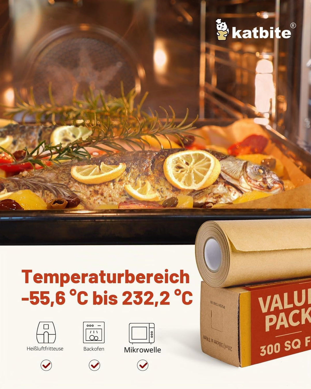 Katbite Ungebleichte Pergamentpapierrolle, 38,1 cm x 73,8 m, 300 m², antihaftbeschichtet, mit Wellen
