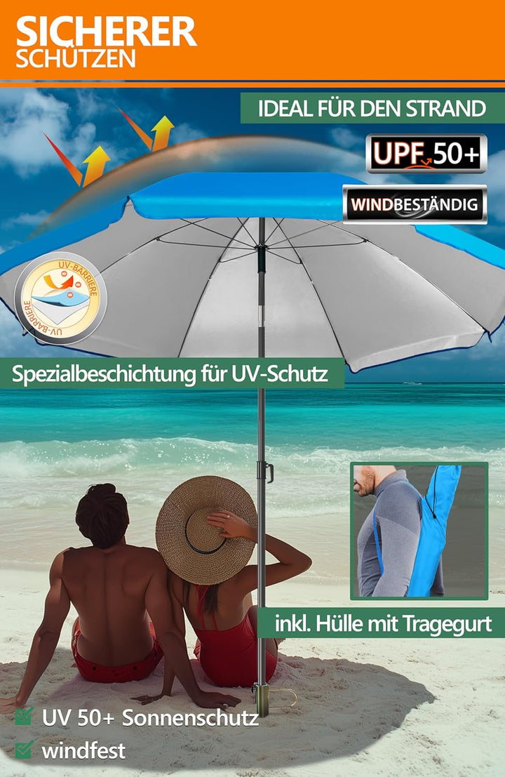 4smile SunnyJoy 3-IN-1 Set mit Sonnenschirm Strand in Blau - Strandschirm windfest stabil 200 cm mit