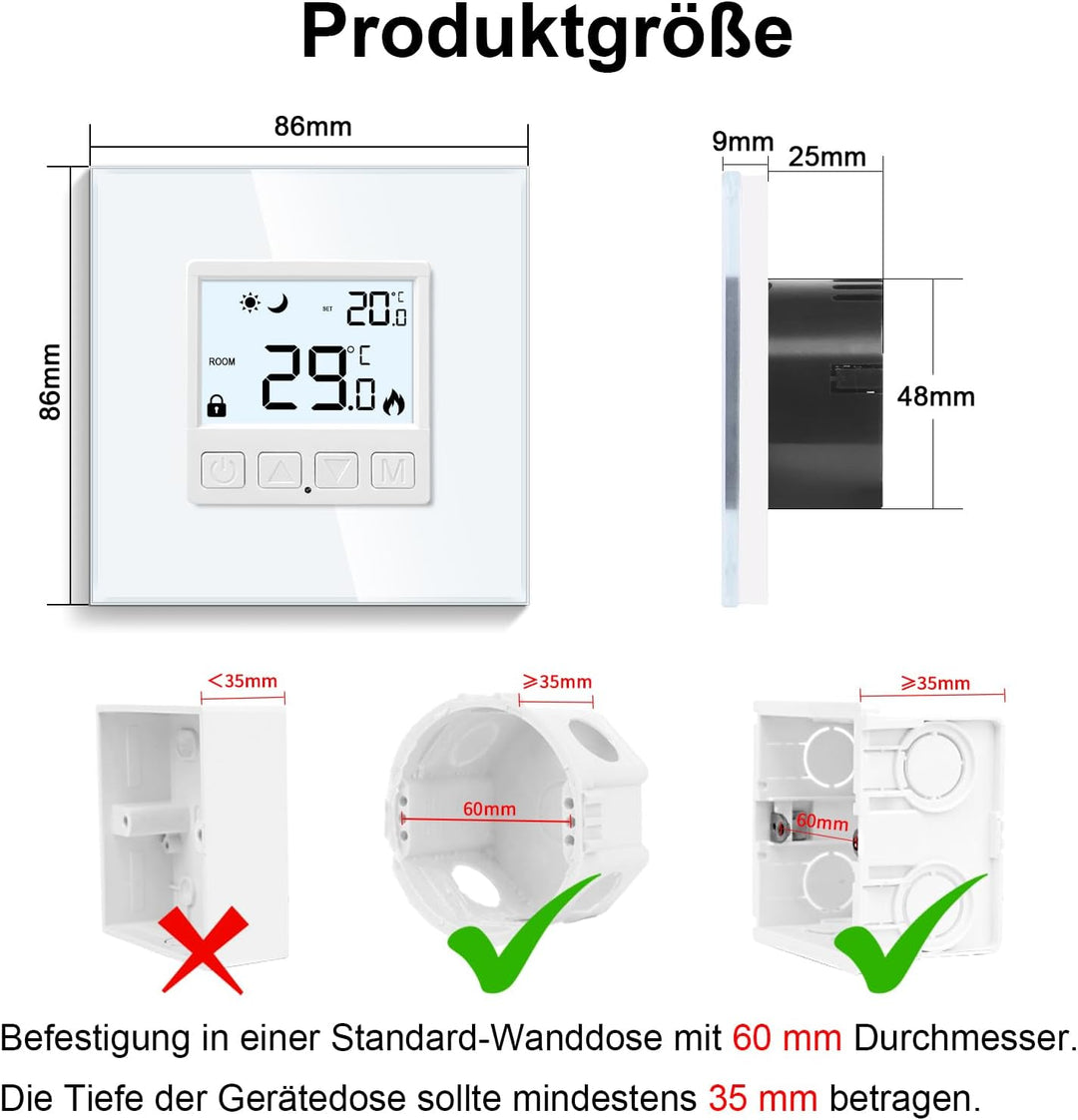 CNBINGO Digitaler Raumthermostat Unterputz mit Fühler, Thermostat für Wasser Fussbodenheizungen und