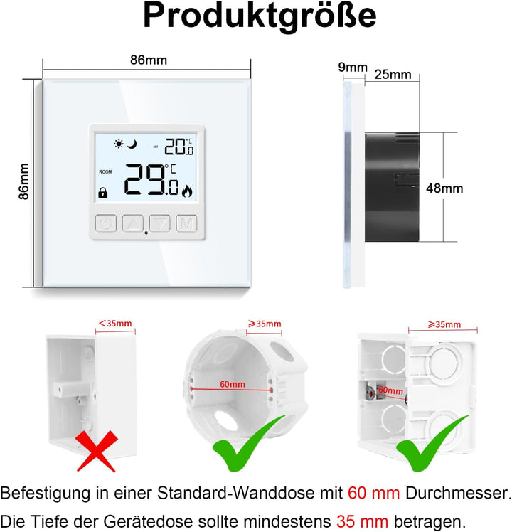 CNBINGO Digitaler Raumthermostat Unterputz mit Fühler, Thermostat für Wasser Fussbodenheizungen und