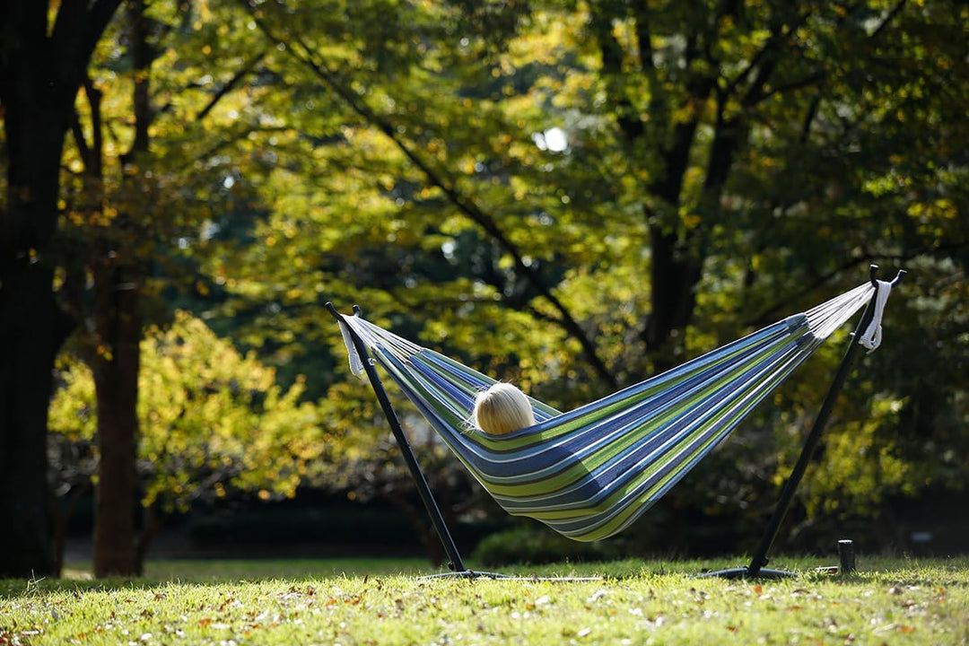 Vivere, Oasis Double Cotton Hammock with Space-Saving Steel Stand including carrying bag, Oasis