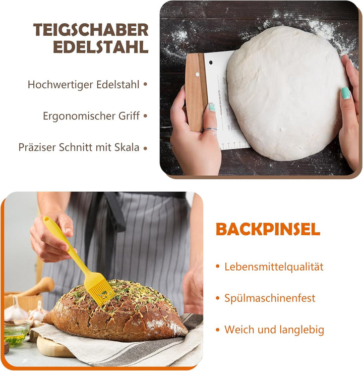 HaWare Gärkörbchen, 25cm Gärkorb Oval & Rund Brot Set mit Futter, Bäckermesser, Dänischer Schneebese