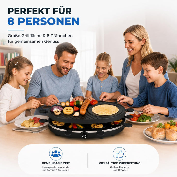 Raclette Set für 8 Personen - Grill oval - Mit Crepes Funktion - Tischgrill inkl. Pfännchen &amp; Schabe