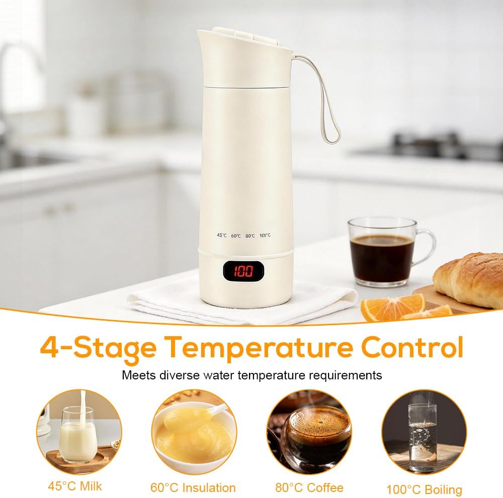 4 in 1 Reisewasserkocher Klein, 400ML Mini Elektrische Wassertasse 4 Temperatur, Kleiner Tragbarer W