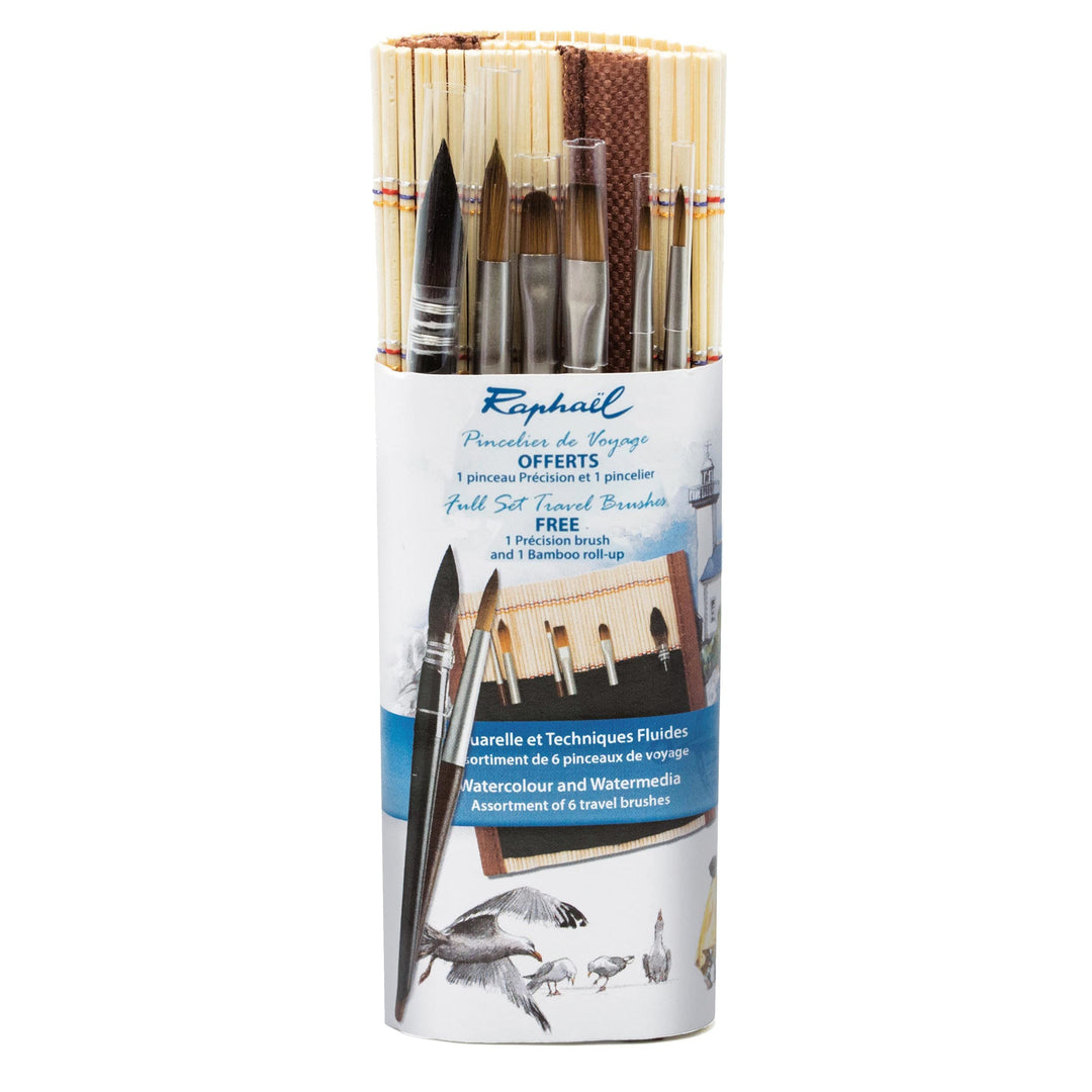 Raphael Precision & SoftAqua Mini-Reisepinsel-Set, Bambus, rund 0, rund 2, flach 0, flach 2, Filbert