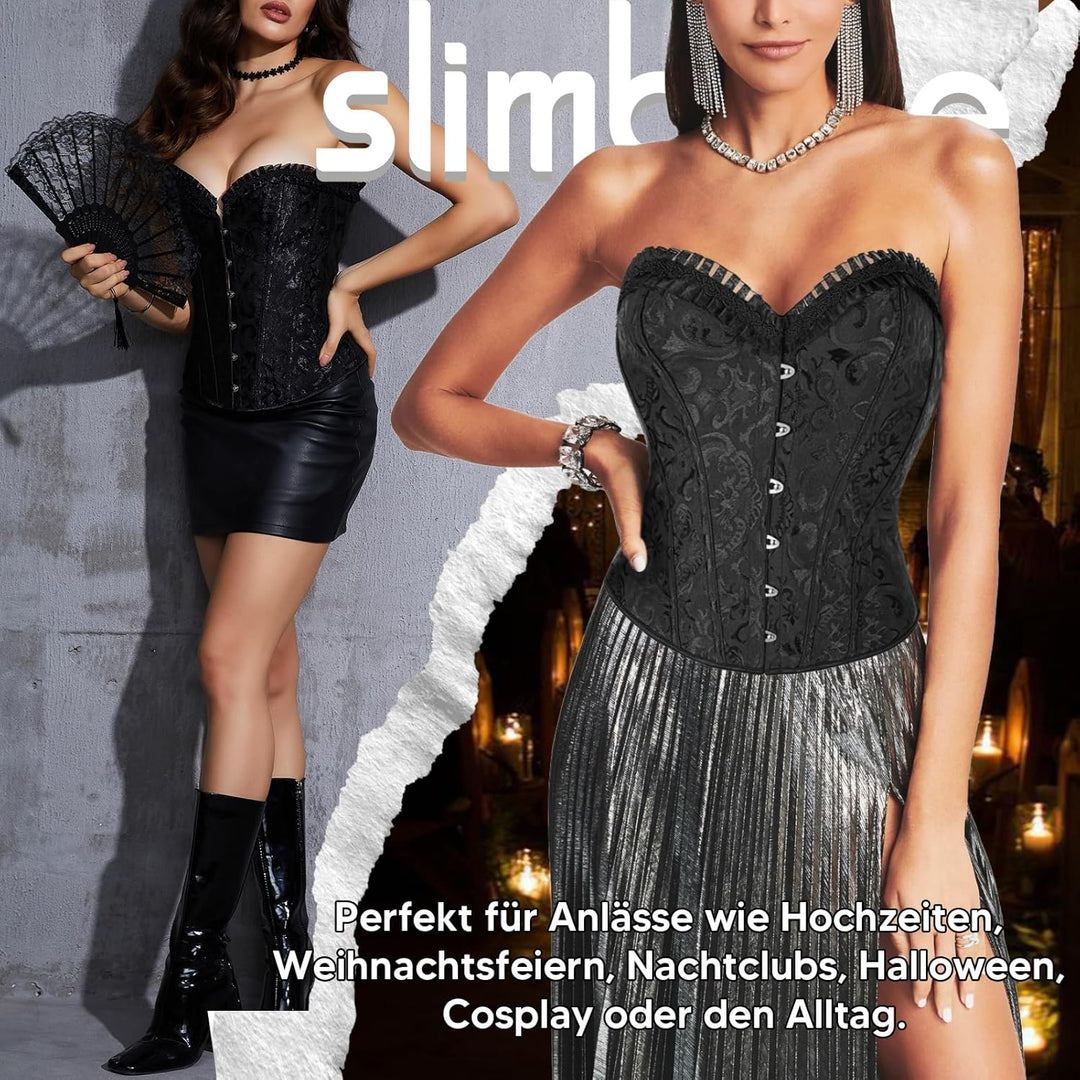 Damen Vintage Überbrust Korsett Klassische Bustier Stahlknochen Lace Up Sexy Top mit G-String Braut