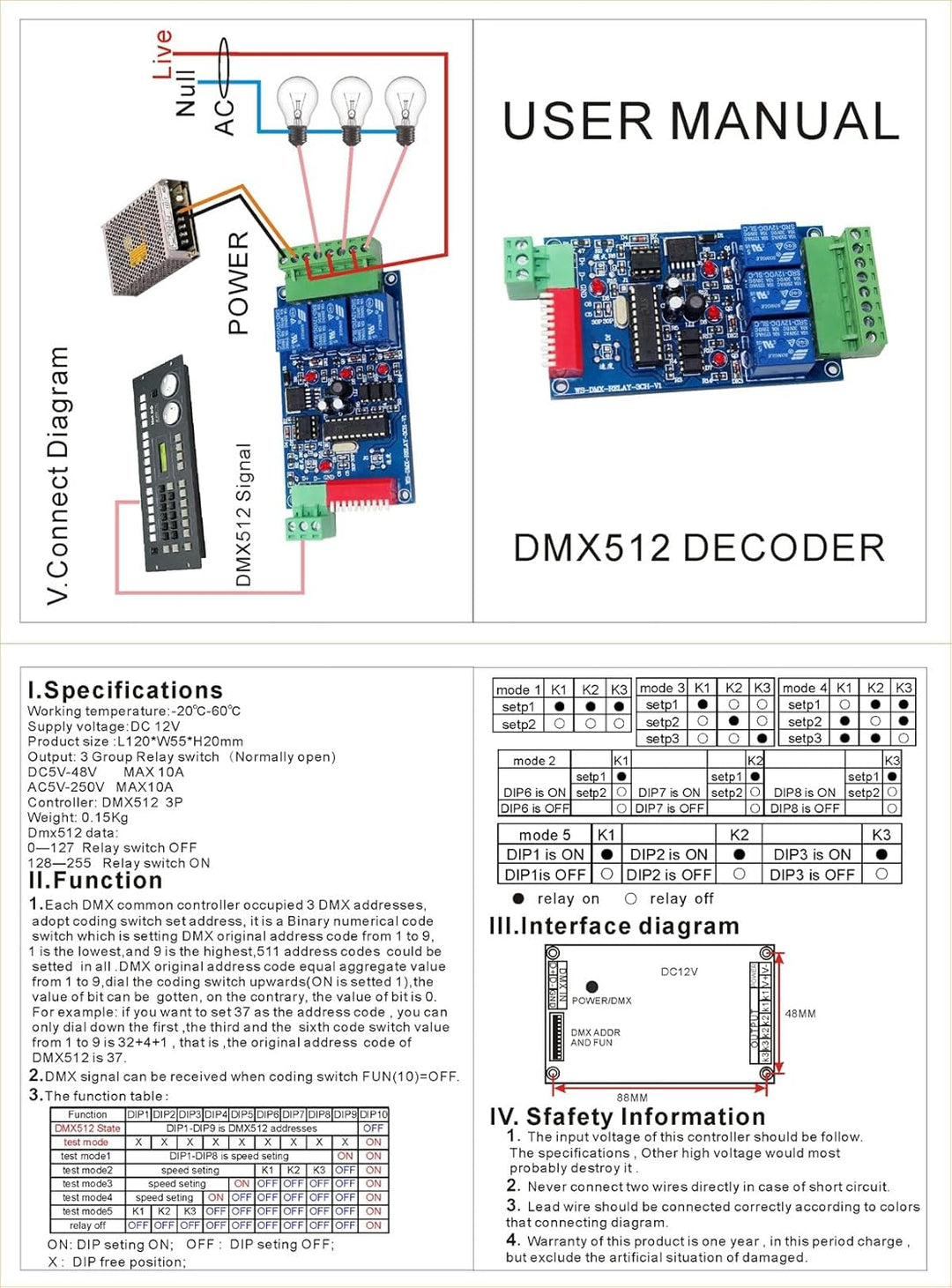 3 Channel 5A DMX512 Controlled Relay Switch Kit DIY Converter DMX Dimmer Relay 3ch-relay, 3ch-relay