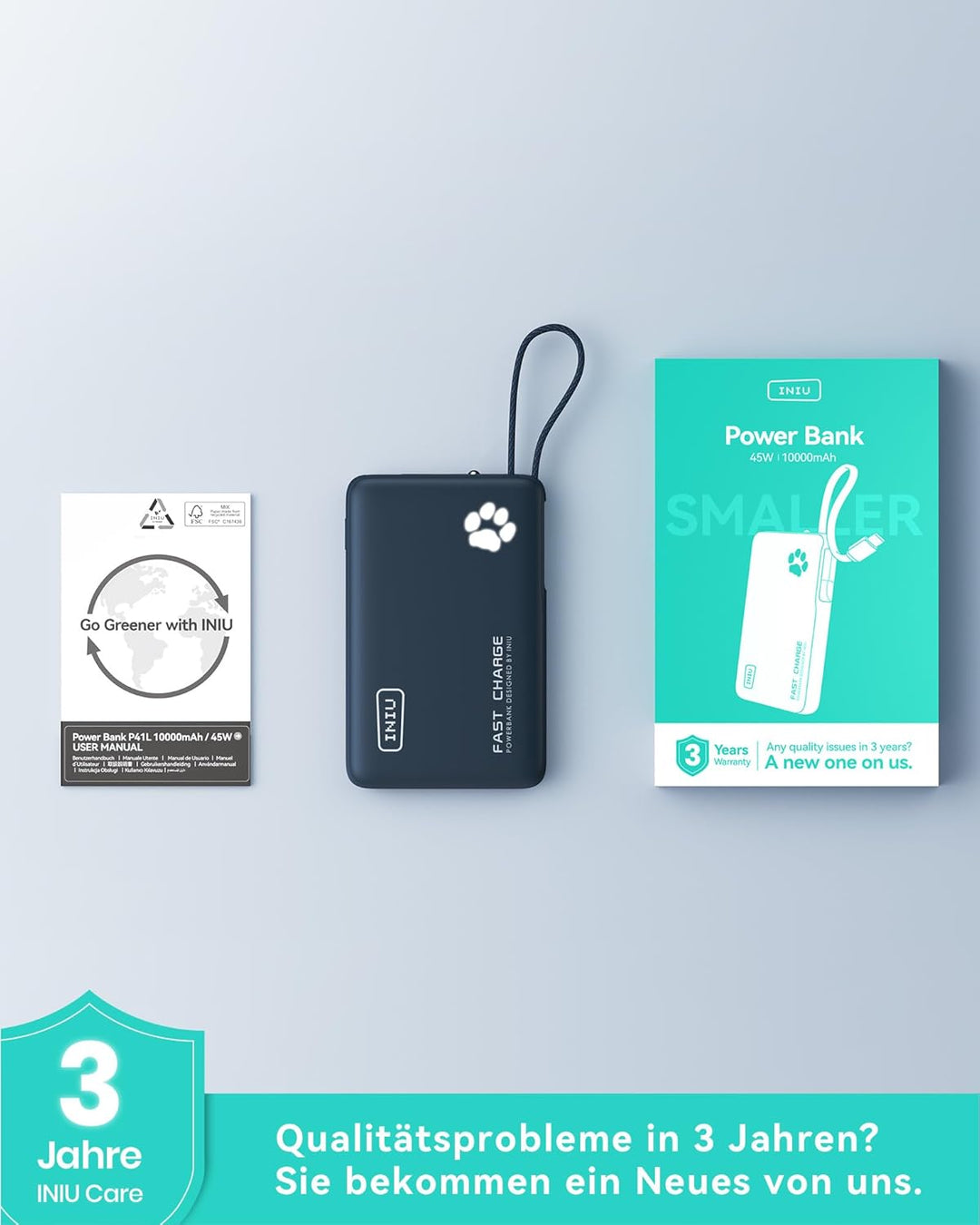 INIU Power Bank, Minigrösse 20W 10000mAh PowerBank mit Integriertem USB-C Kabel, PD3.0 QC4.0 USB C I