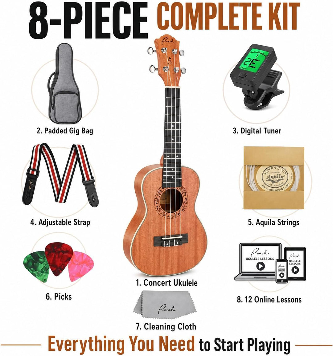 Concert Ukulele Ranch 23 inch Professional Wooden Ukulele Instrument Kit With Online 12 Lessons Smal