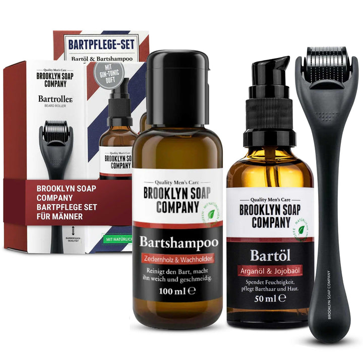 Brooklyn Soap Company Bartpflege Set für Männer - Mit Bartroller, Bartöl & Bartshampoo - Geschenk fü