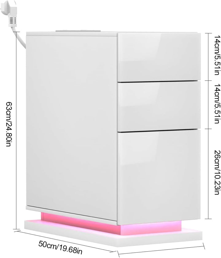 PIPIPOXER 2er Set Nachttisch LED mit Steckdose & USB, Nachttisch Weiss Hochglanz Nachtkommode mit 3