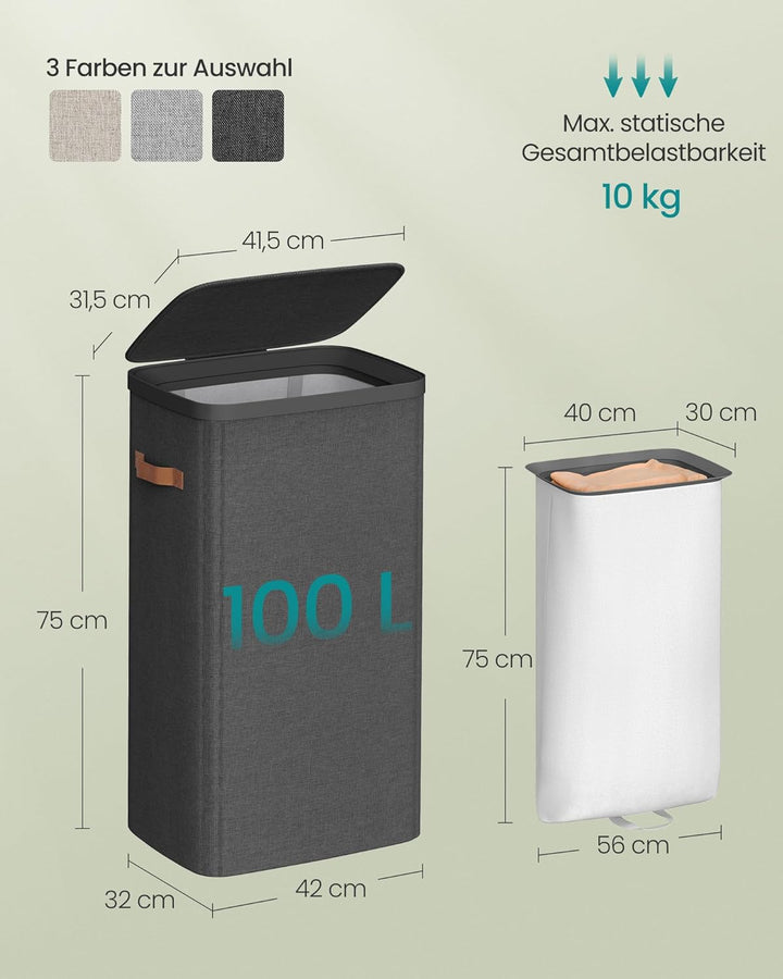 SONGMICS Wäschekorb, 100 L Wäschesammler, Wäschetonne, leichter Aufbau, mit Deckel und Griffen, hera