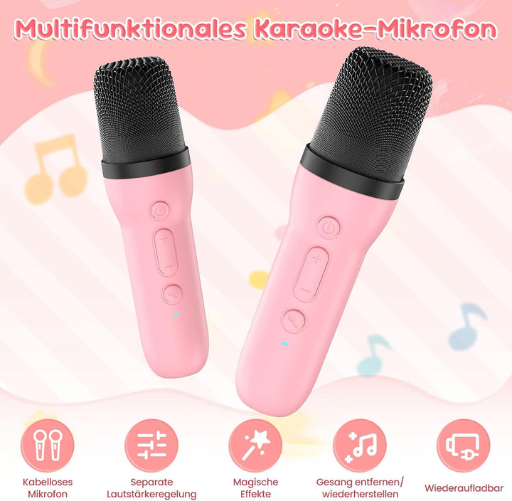Kinder Karaoke Maschine mit 2 kabellosen Bluetooth Mikrofonen, Kompaktes Einhorn Musikspielzeug mit