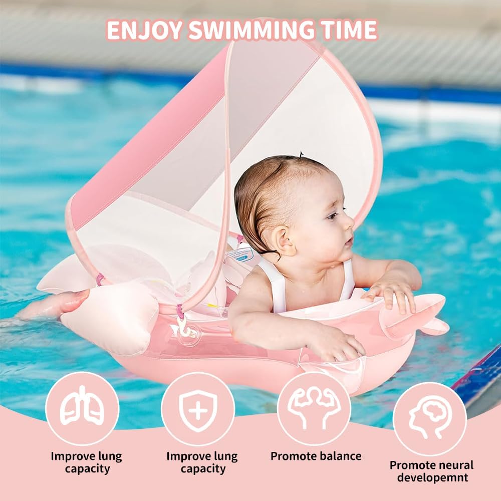 Baby Schwimmring mit Sonnendach Entfernbar, Schwimmring Baby mit Verstellbarer Sicherheitssitz, Kipp