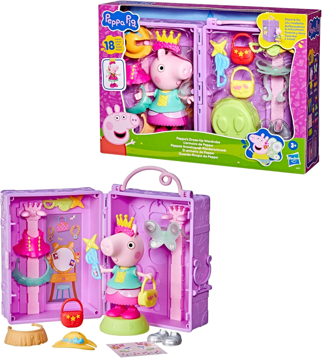 Peppa Pig Peppas Anziehspass-Kleiderschrank Spielset, Figur, 14 Mode-Accessoires und Aufklebern, int