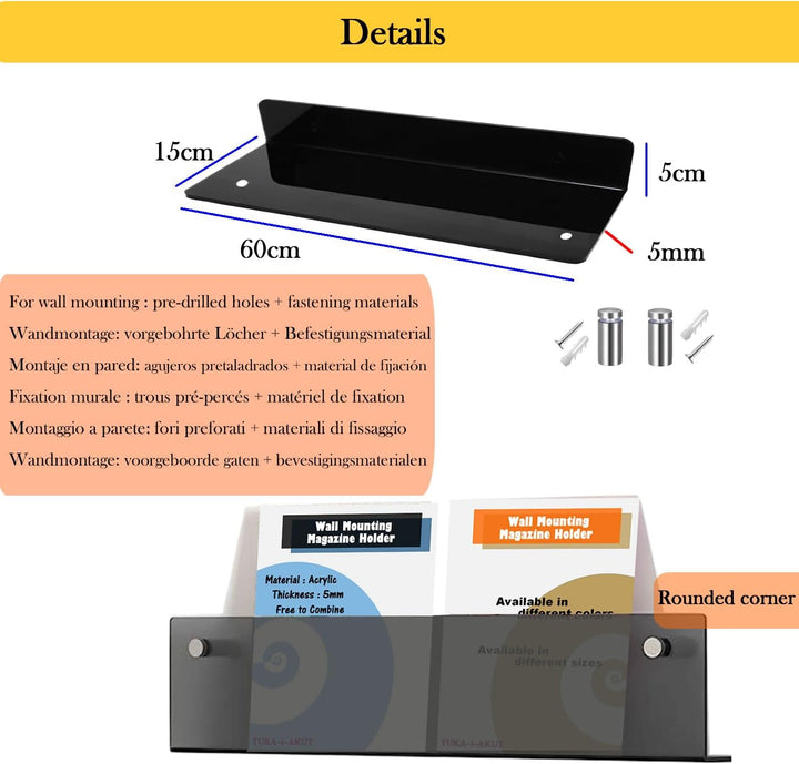 TUKA-i-AKUT 60cm Länge Wand Prospekthalter Acryl Extra Stark, Zeitschriftenhalter Wandregale für Zei