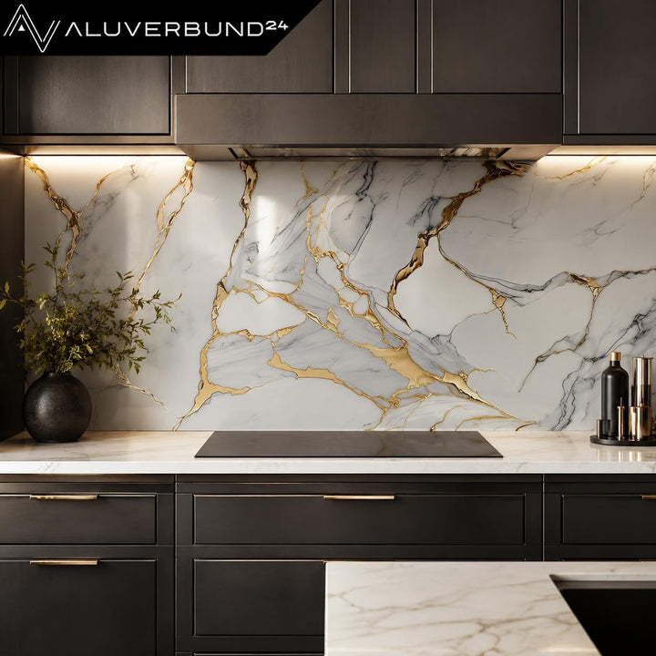AMON Wandpaneele 122x244cm in Marmor- Granit-Optik (Aurora Gold) ideal als Duschrückwand Badrückwand
