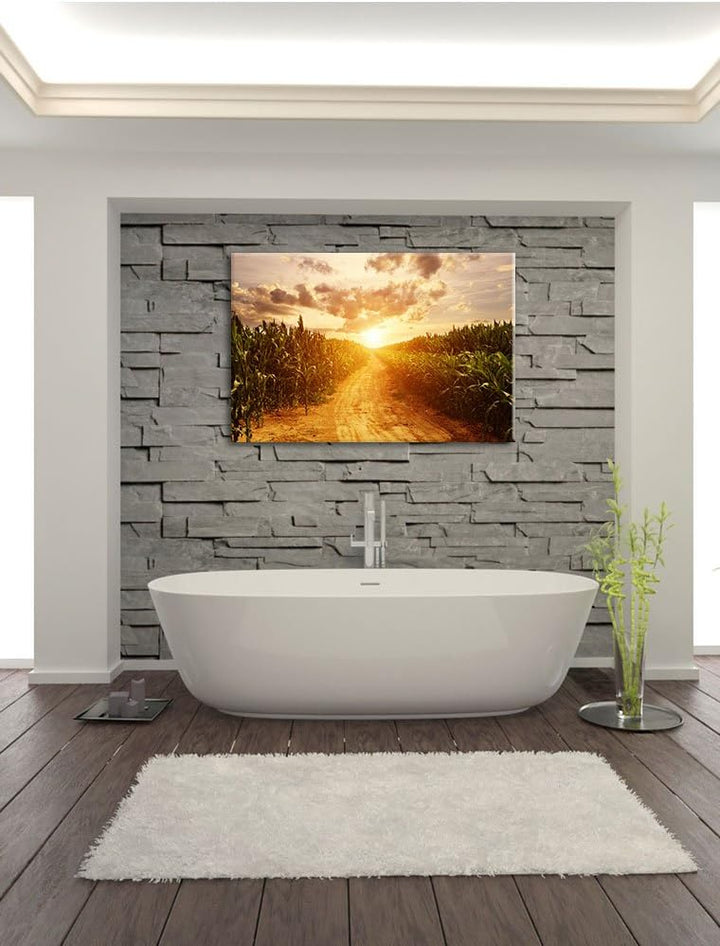 Pfad durch sonniges Feld, Format: 100x70 auf Leinwand, XXL riesige Bilder fertig gerahmt mit Keilrah