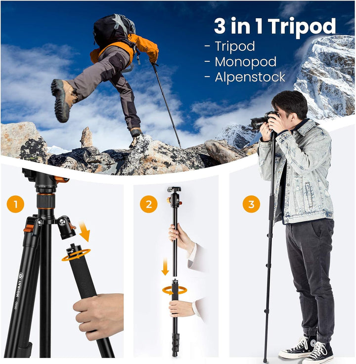 TARION Kamera Stativ mit Transversal Mittelsäule, Aluminium Fotostativ Reisestativ mit 360° Kugelkop