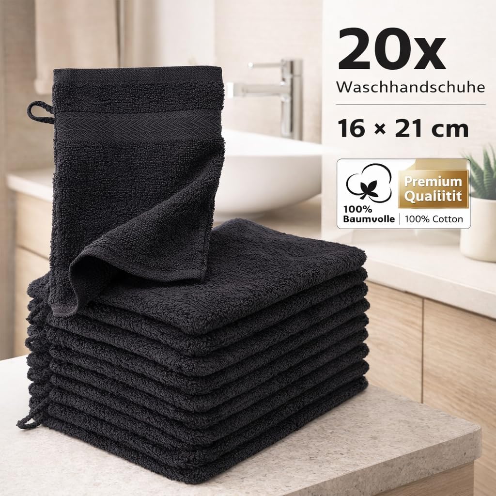 Betz 20 Stück Waschhandschuhe Waschlappen Premium Grösse 16x21 cm 100% Baumwolle Farbe schwarz, Schw