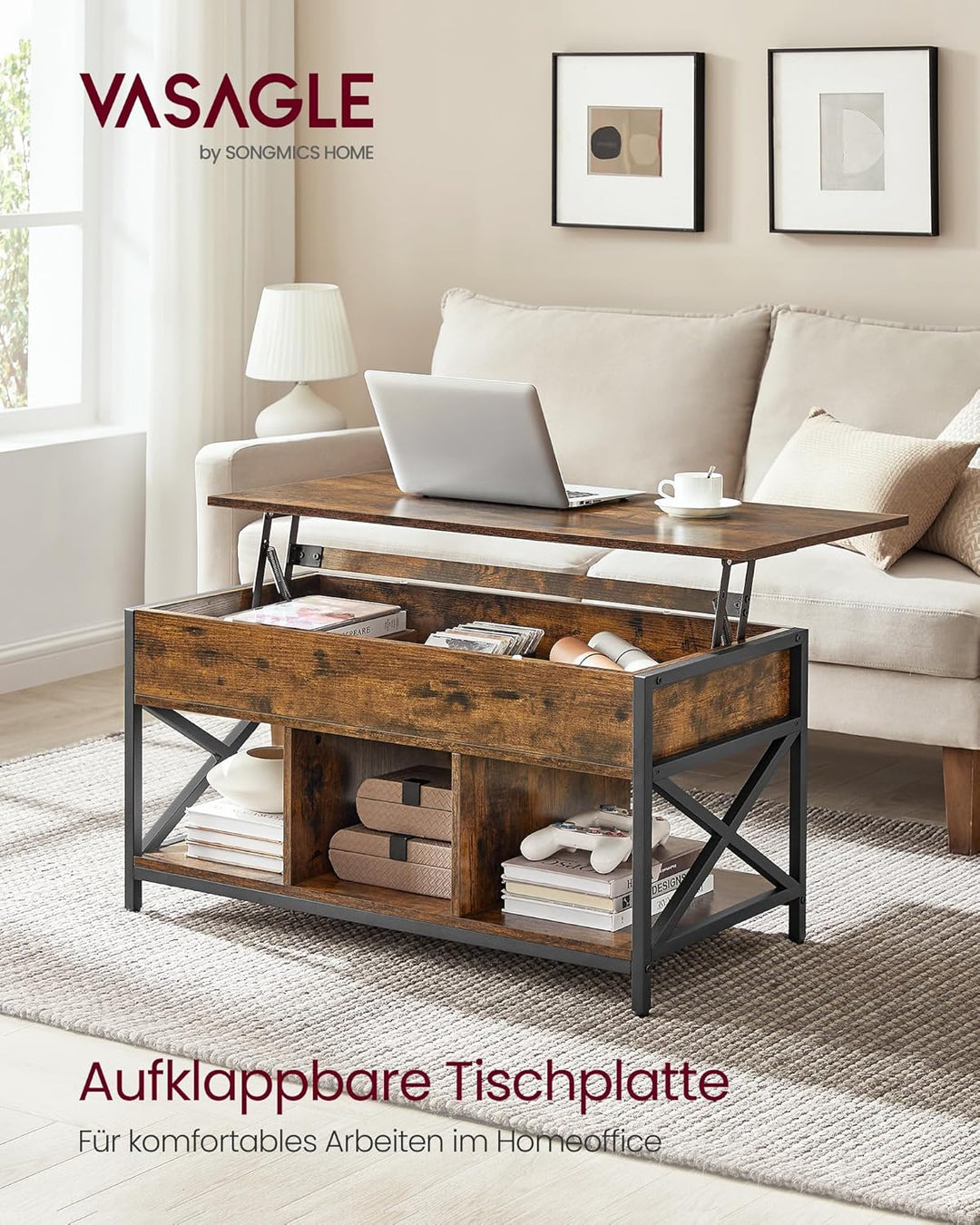 VASAGLE Couchtisch, höhenverstellbarer Wohnzimmertisch, Kaffeetisch, mit verstecktem Stauraum und of