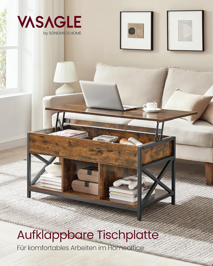 VASAGLE Couchtisch, höhenverstellbarer Wohnzimmertisch, Kaffeetisch, mit verstecktem Stauraum und of
