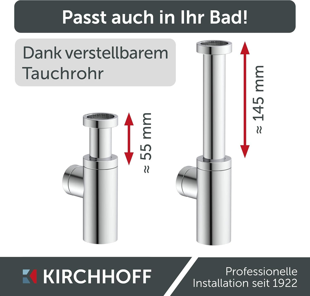 Kirchhoff Design Siphon, Abfluss, Ablaufgarnitur für Waschbecken und Waschtisch, Geruchsverschluss m