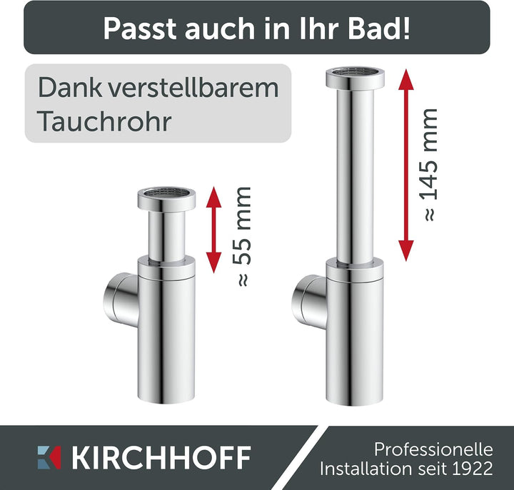 Kirchhoff Design Siphon, Abfluss, Ablaufgarnitur für Waschbecken und Waschtisch, Geruchsverschluss m