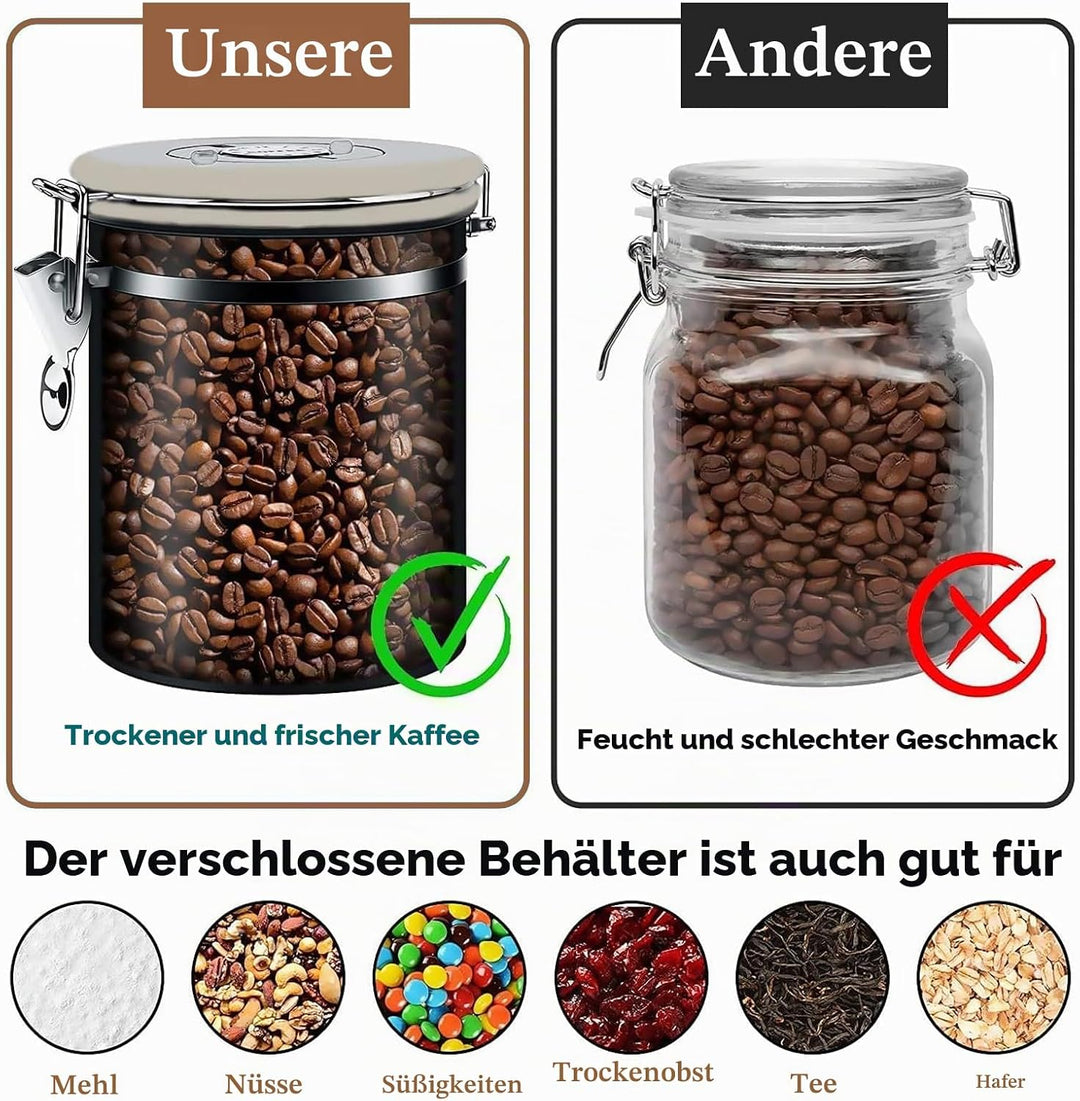 1,5L Kaffeedose Luftdicht aus Edelstahl, Kaffeebohnen Behälter | Kaffeedose aus Edelstahl, Kaffeebeh
