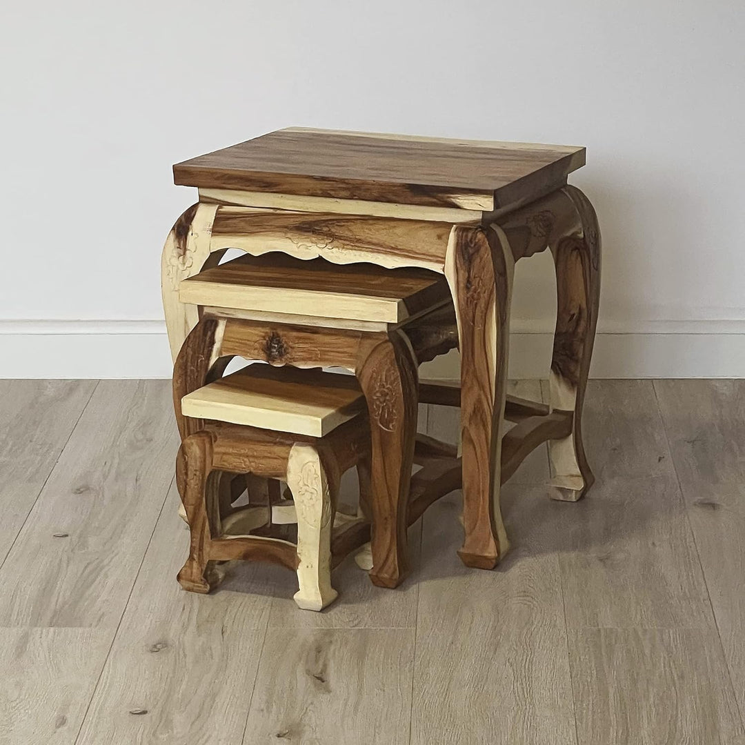 livasia Hoher Opiumtisch im 3er Set | Massivholz Beistelltisch | Asiatische Blumenhocker | Couchtisc