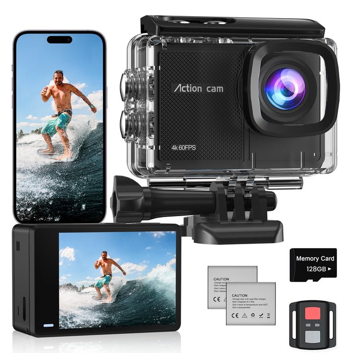 Action Cam Wasserdicht 4K60FPS mit 128GB Karte,131FT Unterwasserkamera 8X Zoom,WiFi Helmkamera 48MP,