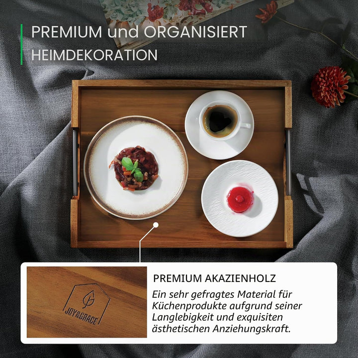 Joy&Grace Ottoman Tablett für Wohnzimmer, grosses Serviertablett aus Akazienholz mit Griffen, Holzta