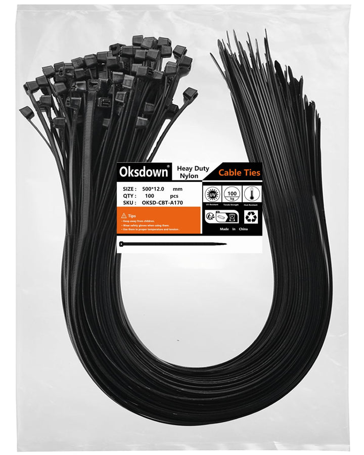 Oksdown 500mm × 12,0mm Breit 100 Stück Extra Stark Kabelbinder mit 100 kg Zugfestigkeit Schwarz UV-B