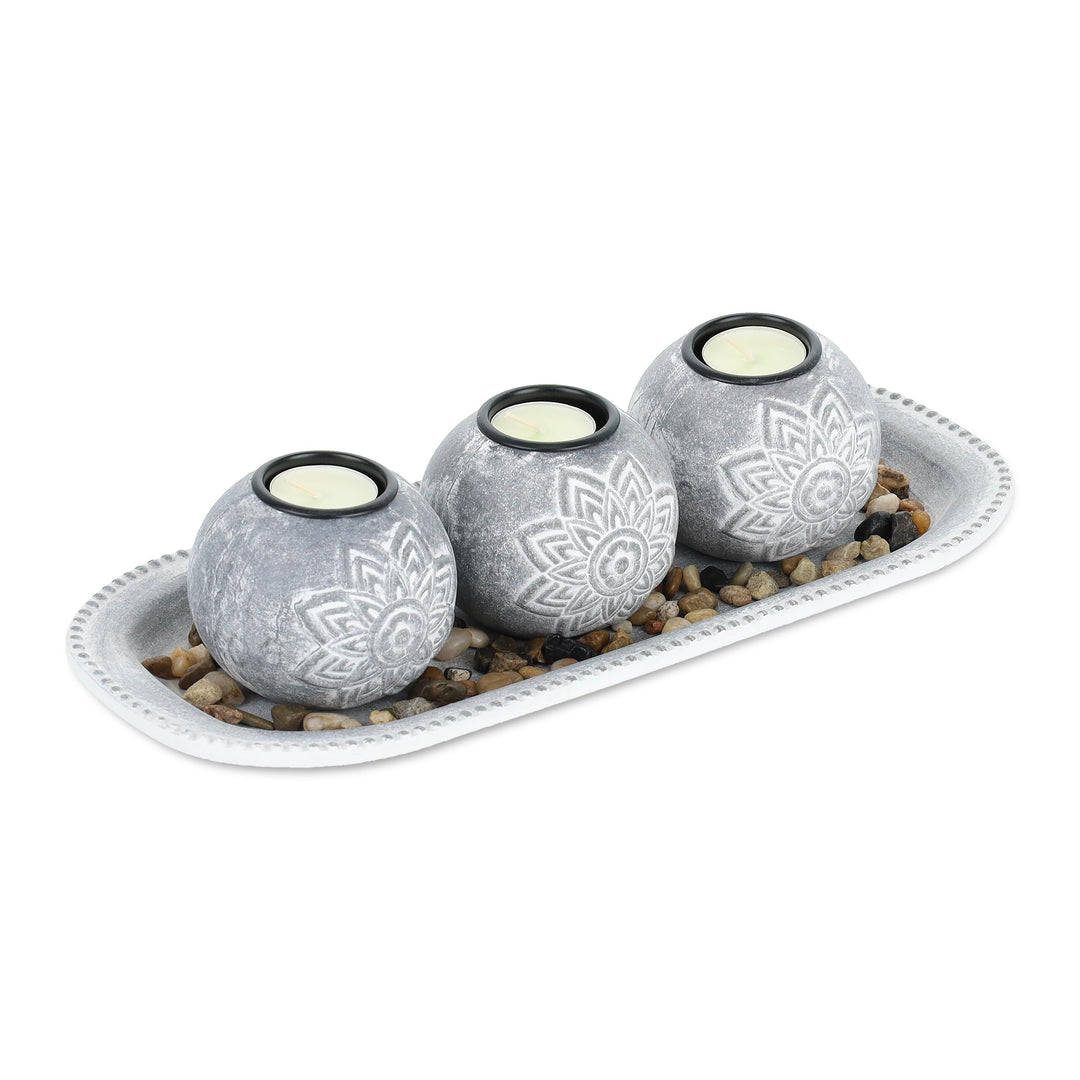 Relaxdays Teelichthalter Set mit Tablett & Steinen, 35 cm lang, Tischdeko Wohnzimmer, Esszimmer, Ker