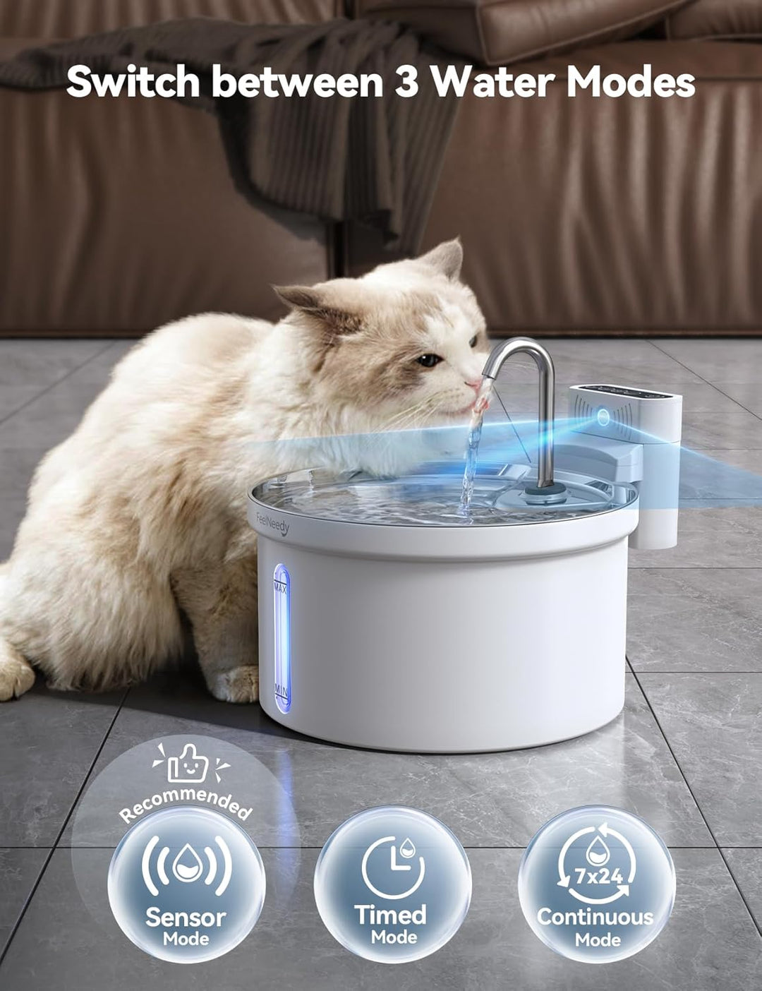 FEELNEEDY 3,5L Katzenbrunnen Edelstahl Kabellos mit Sensor, Trinkbrunnen für Katze mit Akku 4000mAh