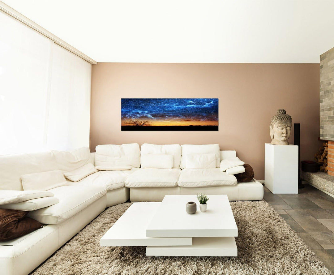 Paul Sinus Art Panoramabild auf Leinwand und Keilrahmen 150x50cm Wiese Baum Himmel Nacht Sterne