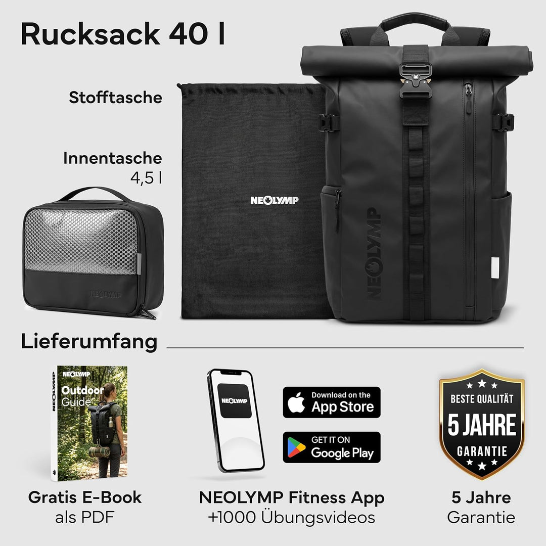NEOLYMP Rucksack Herren &amp; Damen - wasserdichter Rolltop Backpack mit grossem Laptopfach, Wet Case &amp;