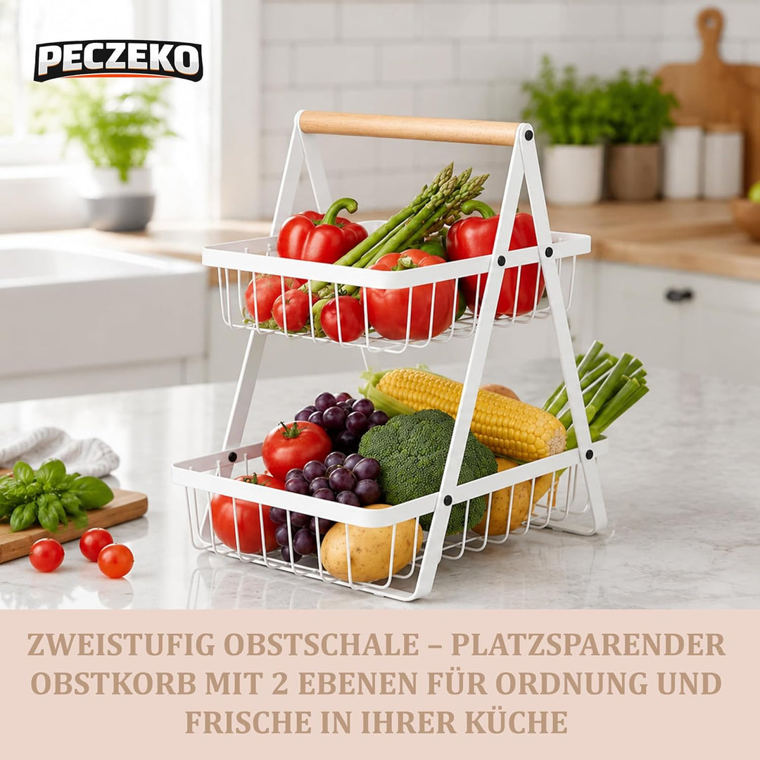 Zweistöckiger Obstkorb mit 2 Ebenen – Platzsparende Obstschale & Obsetagere aus Metall mit Holzgriff