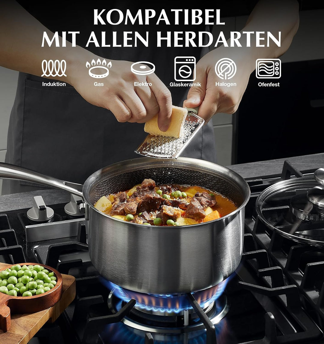 KOCH SYSTEME CS Tri-ply Edelstahl Kochtopf mit Deckel 18 cm, 2 L, kühl bleibender Griff, Hybrid Anti