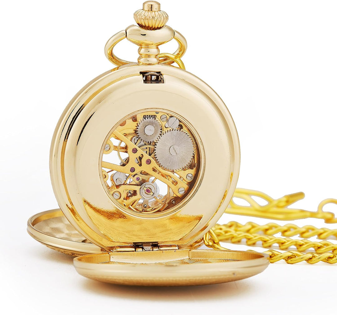 TREEWETO Unisex Taschenuhr mit Kette Analog Handaufzug Doppelscharnier Römische Ziffern Gold/Silber