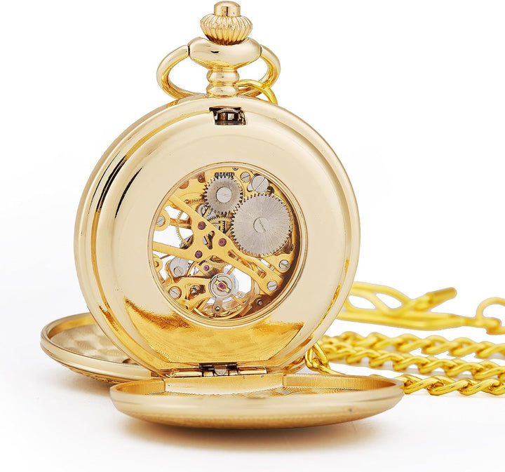 TREEWETO Unisex Taschenuhr mit Kette Analog Handaufzug Doppelscharnier Römische Ziffern Gold/Silber