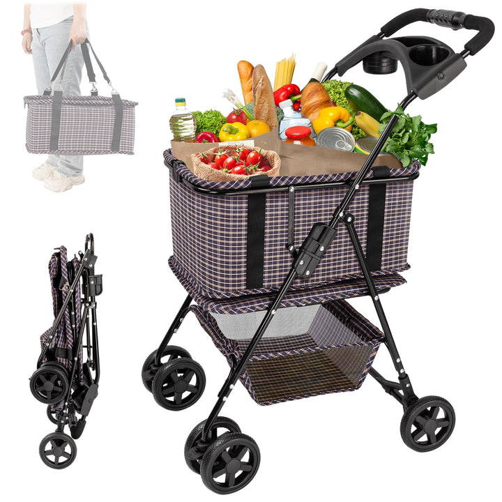 Einkaufstrolley klappbar mit 52L Kapazität und belastbar bis 25kg, Tragbarer Einkaufstrolley mit sta