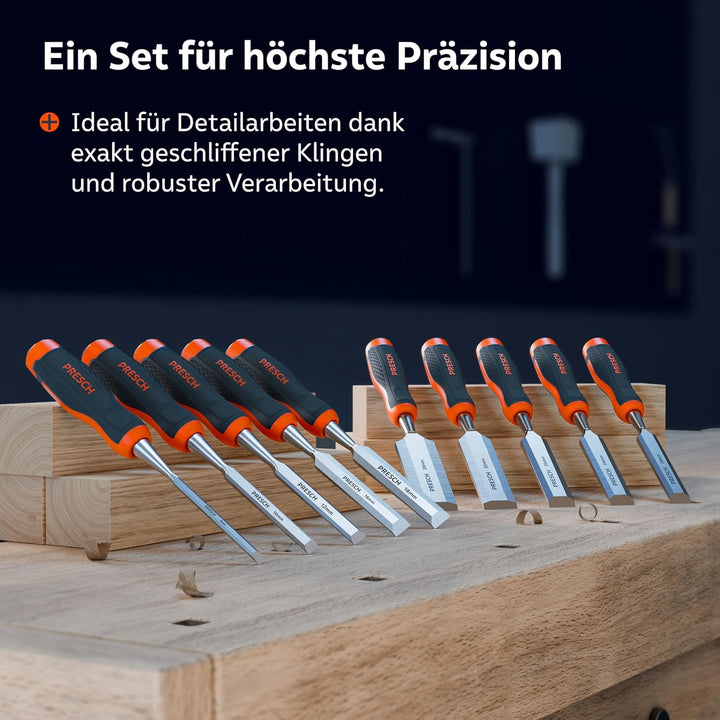 Presch Stechbeitel Set für Holz 10tlg. - Fertig geschliffene Stechmmeisen (6, 10, 12, 16, 18, 20, 24