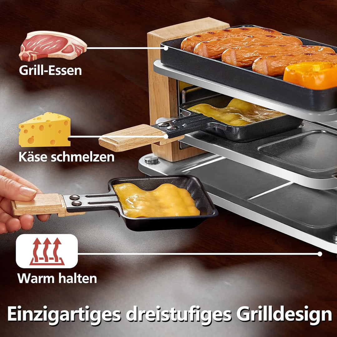 Raclette Grill 2 Personen mit Antihaft beschichteter gestreifter Grillplatte, Mini Grill Raclette mi