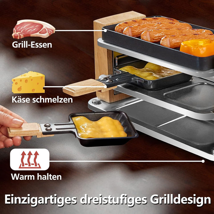 Raclette Grill 2 Personen mit Antihaft beschichteter gestreifter Grillplatte, Mini Grill Raclette mi