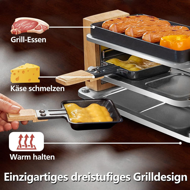 Raclette Grill 2 Personen mit Antihaft beschichteter gestreifter Grillplatte, Mini Grill Raclette mi