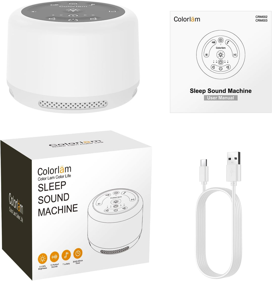 White Noise Machine Baby Einschlafhilfe Spieluhr 30 Klängen,Drahtlose Verbindung 5 Helligkeitsstufen