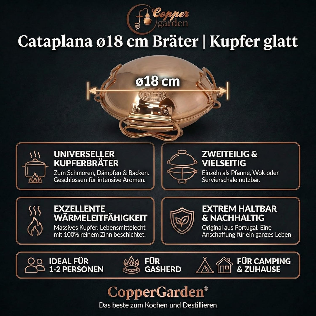 CopperGarden® Cataplana Bräter aus handverzinntem glattem Kupfer mit ca 18 cm Durchmesser I Portugie