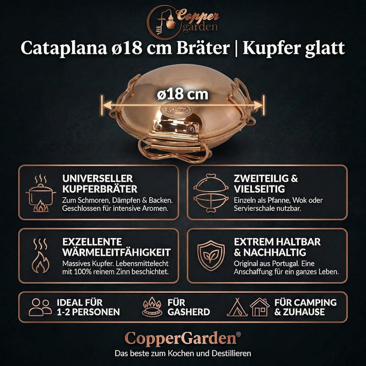 CopperGarden® Cataplana Bräter aus handverzinntem glattem Kupfer mit ca 18 cm Durchmesser I Portugie